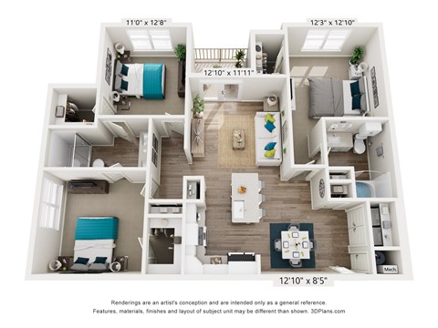 A 3D floor plan of a two-bedroom apartment.